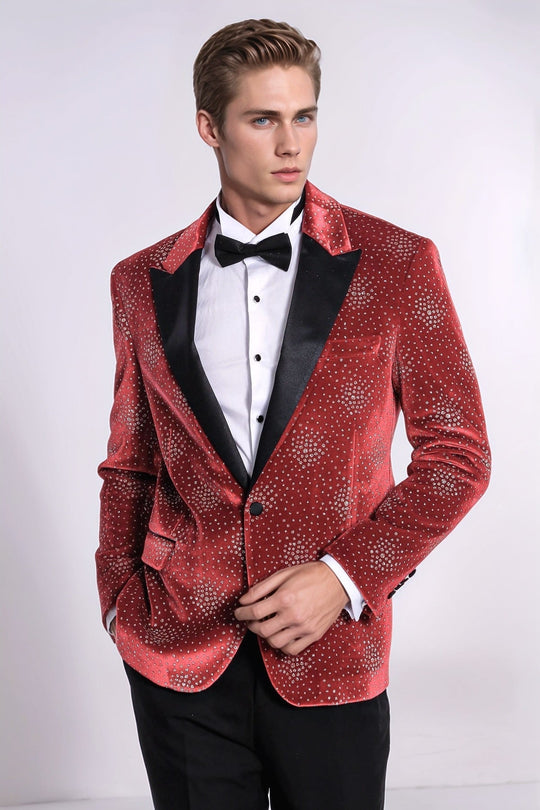 Men’s Deep Burgundy Dot Patterned Slim Fit Peak Lapel Dinner Jacket