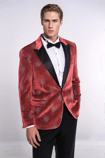 Men’s Deep Burgundy Dot Patterned Slim Fit Peak Lapel Dinner Jacket