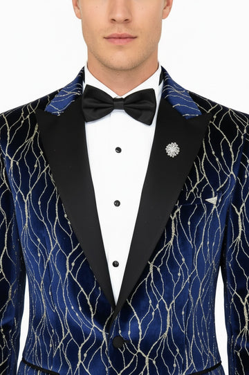 Men’s Midnight Navy & Gold-Vein Jacquard Slim Fit Peak Lapel Dinner Jacket