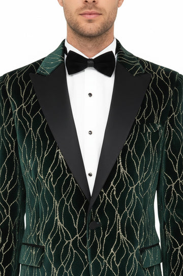 Men’s Emerald Green Velvet Gold-Vein Jacquard Slim Fit Peak Lapel Dinner Jacket