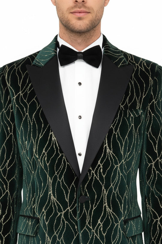 Men’s Emerald Green Velvet Gold-Vein Jacquard Slim Fit Peak Lapel Dinner Jacket