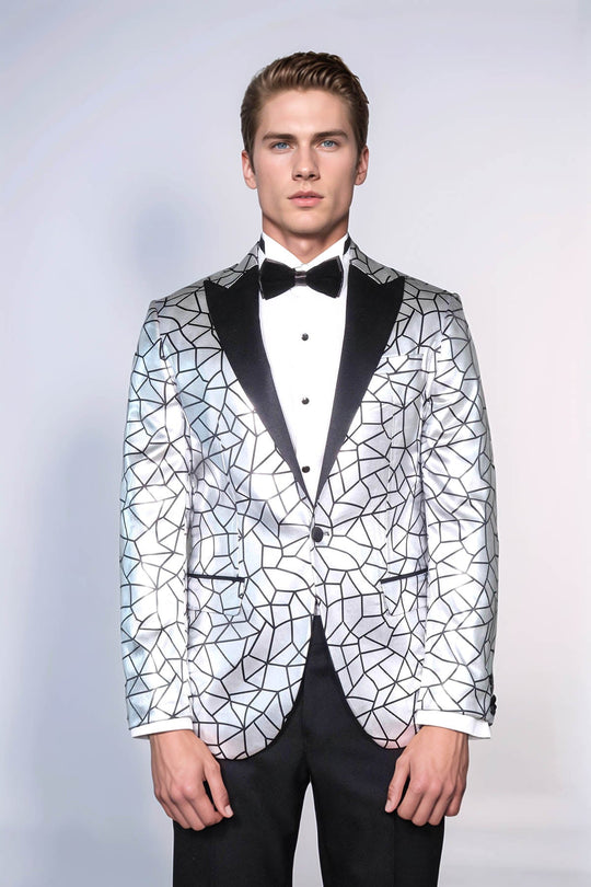 Men’s Silver Geometric "Digital Matrix" Slim Fit Peak Lapel Statement Blazer