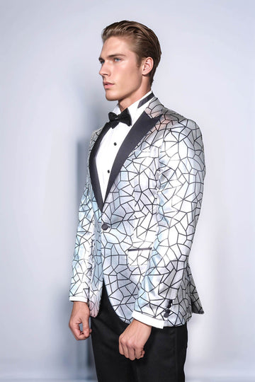 Men’s Silver Geometric "Digital Matrix" Slim Fit Peak Lapel Statement Blazer