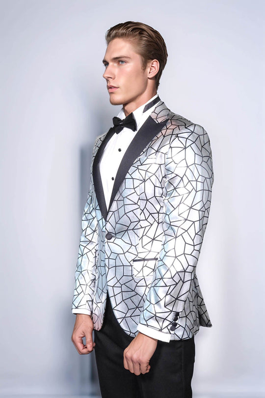 Men’s Silver Geometric "Digital Matrix" Slim Fit Peak Lapel Statement Blazer