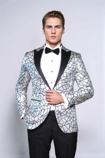 Men’s Silver Geometric "Digital Matrix" Slim Fit Peak Lapel Statement Blazer
