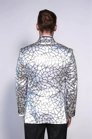 Men’s Silver Geometric "Digital Matrix" Slim Fit Peak Lapel Statement Blazer