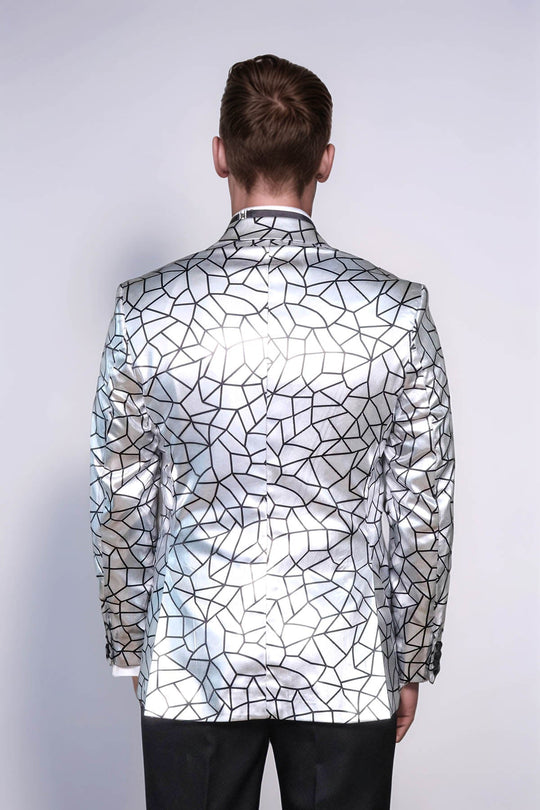 Men’s Silver Geometric "Digital Matrix" Slim Fit Peak Lapel Statement Blazer