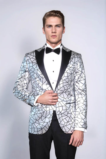 Men’s Silver Geometric "Digital Matrix" Slim Fit Peak Lapel Statement Blazer