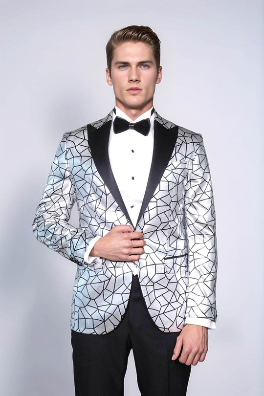 Men’s Silver Geometric "Digital Matrix" Slim Fit Peak Lapel Statement Blazer
