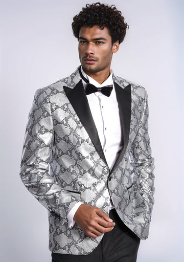Men’s Silver Python-Patterned Slim Fit Peak Lapel Blazer