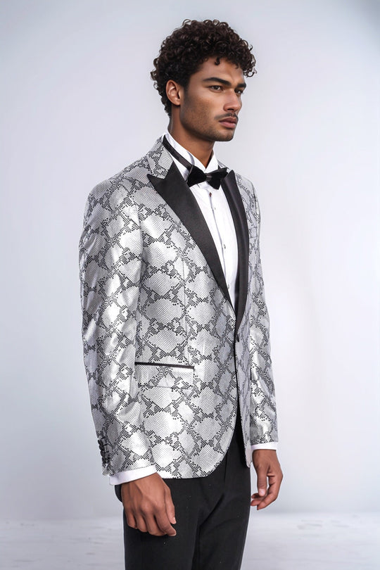 Men’s Silver Python-Patterned Slim Fit Peak Lapel Blazer