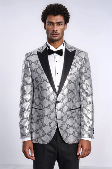 Men’s Silver Python-Patterned Slim Fit Peak Lapel Blazer