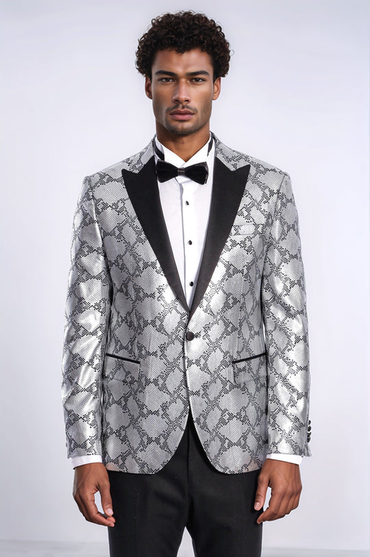Men’s Silver Python-Patterned Slim Fit Peak Lapel Blazer