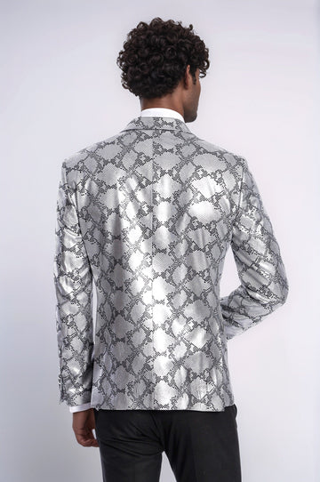 Men’s Silver Python-Patterned Slim Fit Peak Lapel Blazer