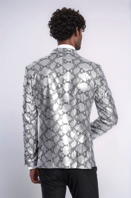 Men’s Silver Python-Patterned Slim Fit Peak Lapel Blazer