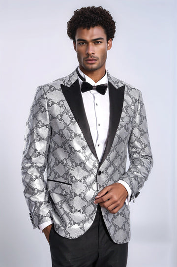 Men’s Silver Python-Patterned Slim Fit Peak Lapel Blazer