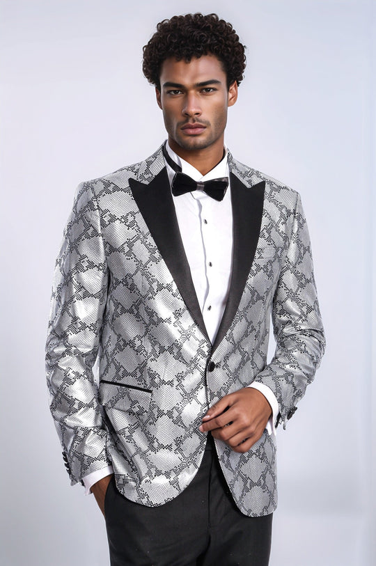 Men’s Silver Python-Patterned Slim Fit Peak Lapel Blazer