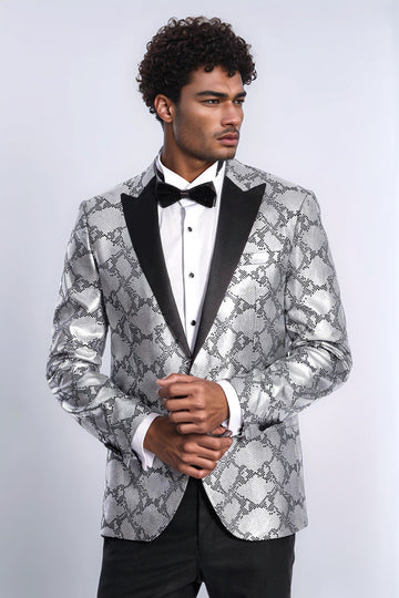 Men’s Silver Python-Patterned Slim Fit Peak Lapel Blazer