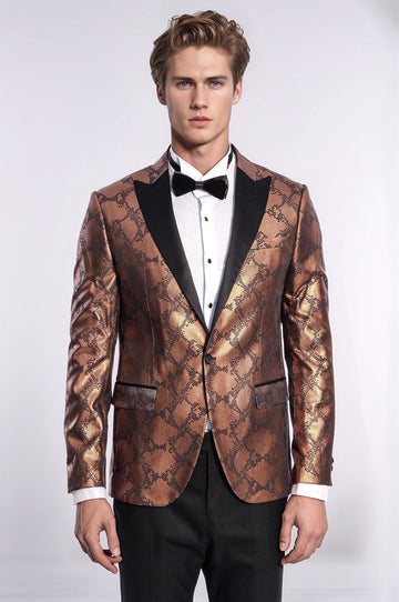 Men’s Metallic Copper Python-Textured Slim Fit Peak Lapel Statement Blazer