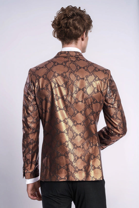 Men’s Metallic Copper Python-Textured Slim Fit Peak Lapel Statement Blazer