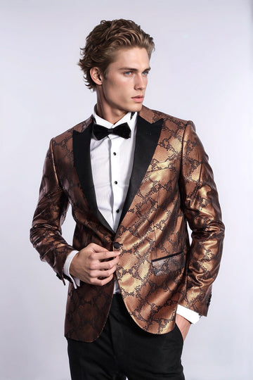 Men’s Metallic Copper Python-Textured Slim Fit Peak Lapel Statement Blazer
