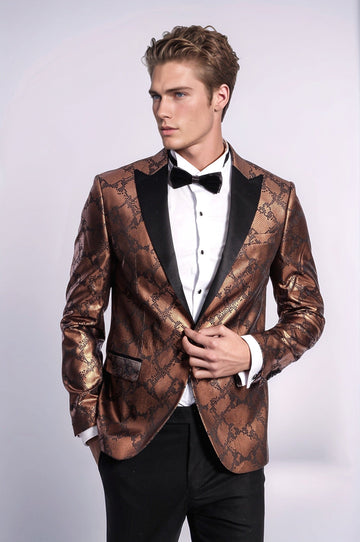 Men’s Metallic Copper Python-Textured Slim Fit Peak Lapel Statement Blazer