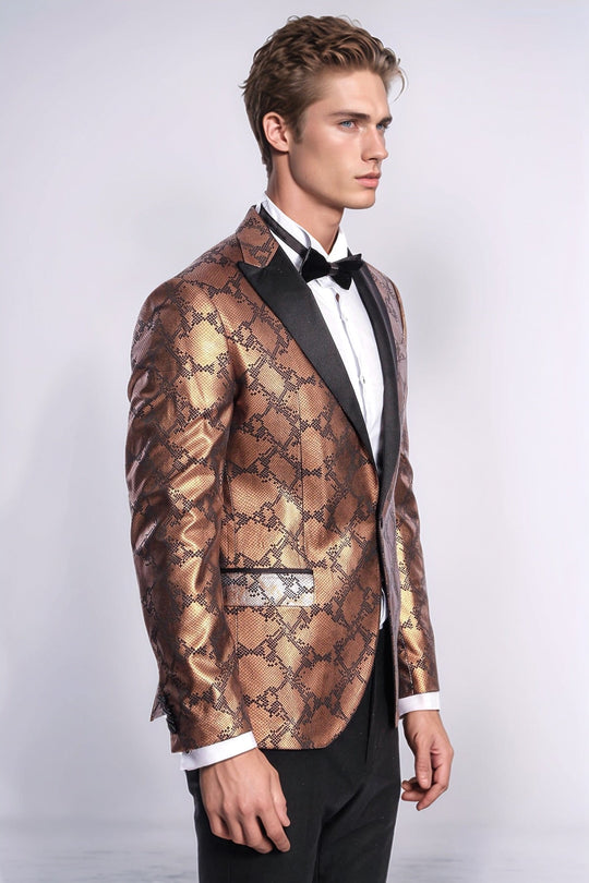 Men’s Metallic Copper Python-Textured Slim Fit Peak Lapel Statement Blazer