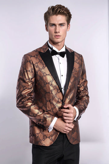 Men’s Metallic Copper Python-Textured Slim Fit Peak Lapel Statement Blazer
