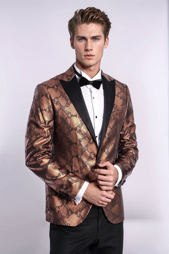 Men’s Metallic Copper Python-Textured Slim Fit Peak Lapel Statement Blazer