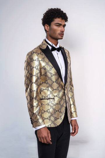 Men’s Gold Python-Textured Slim Fit Peak Lapel Statement Blazer