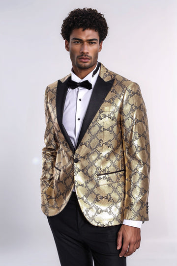 Men’s Gold Python-Textured Slim Fit Peak Lapel Statement Blazer