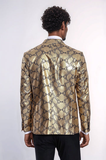 Men’s Gold Python-Textured Slim Fit Peak Lapel Statement Blazer