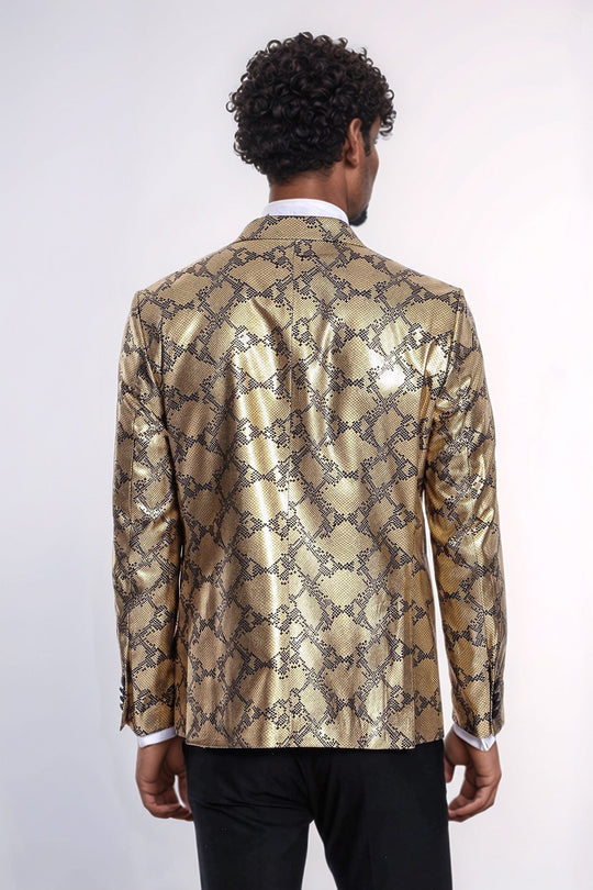 Men’s Gold Python-Textured Slim Fit Peak Lapel Statement Blazer