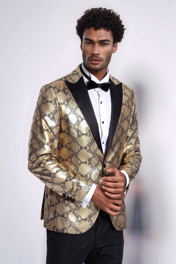 Men’s Gold Python-Textured Slim Fit Peak Lapel Statement Blazer