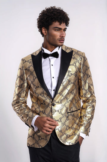 Men’s Gold Python-Textured Slim Fit Peak Lapel Statement Blazer