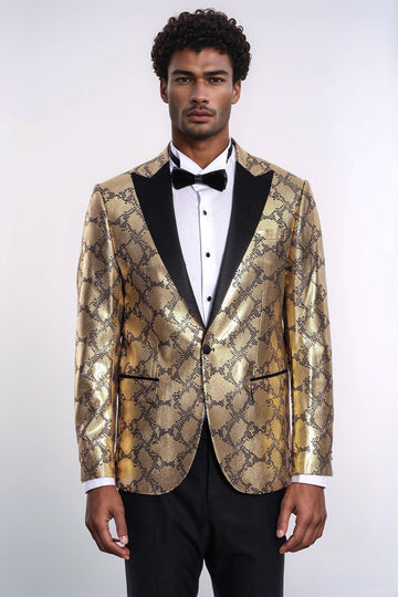 Men’s Gold Python-Textured Slim Fit Peak Lapel Statement Blazer