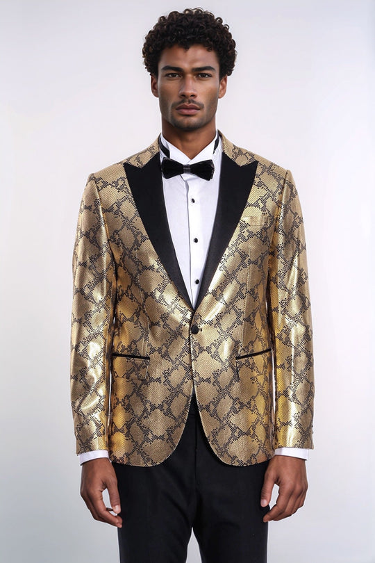 Men’s Gold Python-Textured Slim Fit Peak Lapel Statement Blazer