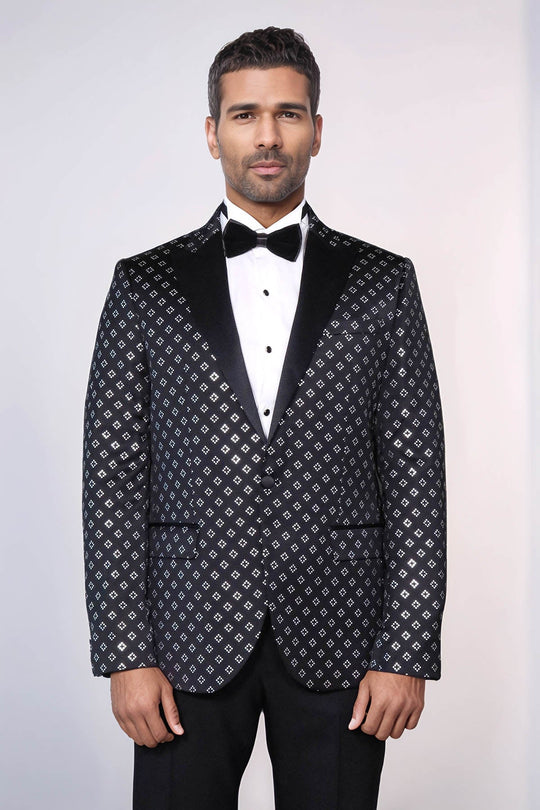 Men’s Midnight Black & Silver Diamond Jacquard Slim Fit Peak Lapel Dinner Jacket