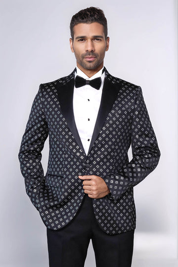 Men’s Midnight Black & Silver Diamond Jacquard Slim Fit Peak Lapel Dinner Jacket