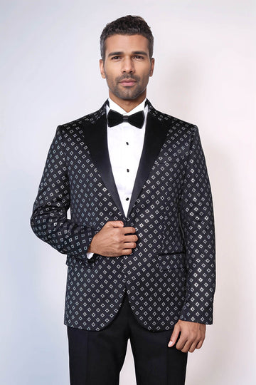 Men’s Midnight Black & Silver Diamond Jacquard Slim Fit Peak Lapel Dinner Jacket