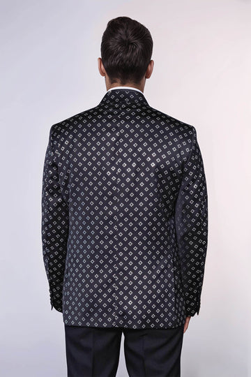 Men’s Midnight Black & Silver Diamond Jacquard Slim Fit Peak Lapel Dinner Jacket