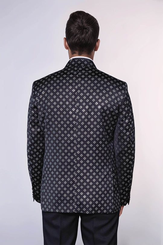 Men’s Midnight Black & Silver Diamond Jacquard Slim Fit Peak Lapel Dinner Jacket