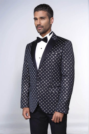 Men’s Midnight Black & Silver Diamond Jacquard Slim Fit Peak Lapel Dinner Jacket