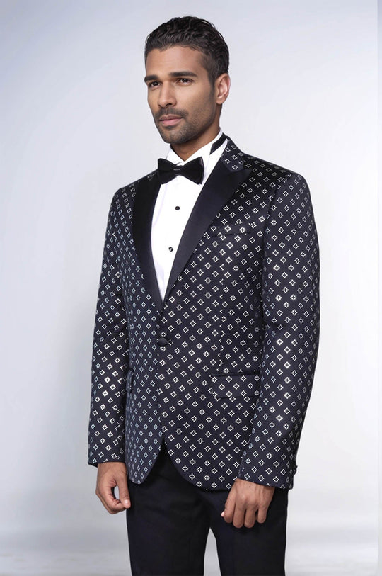 Men’s Midnight Black & Silver Diamond Jacquard Slim Fit Peak Lapel Dinner Jacket