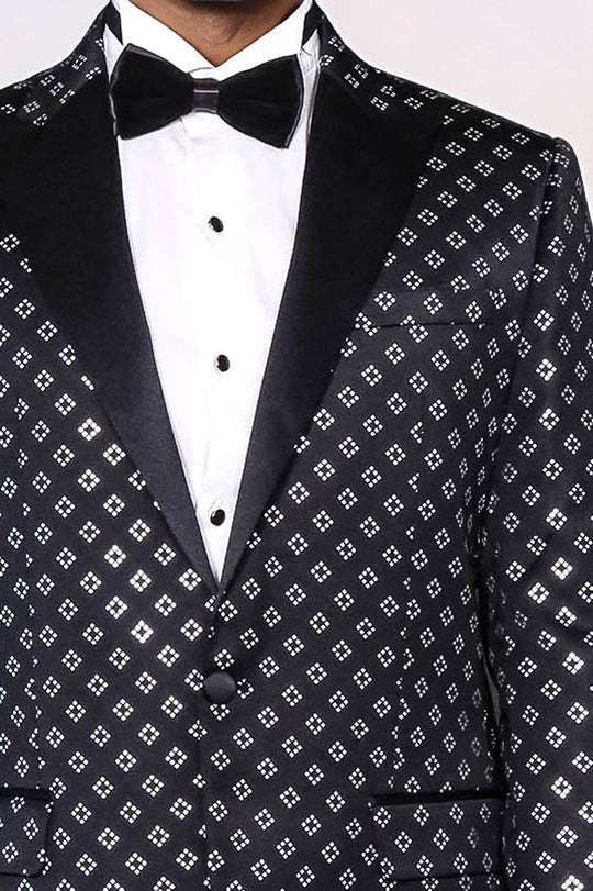 Men’s Midnight Black & Silver Diamond Jacquard Slim Fit Peak Lapel Dinner Jacket