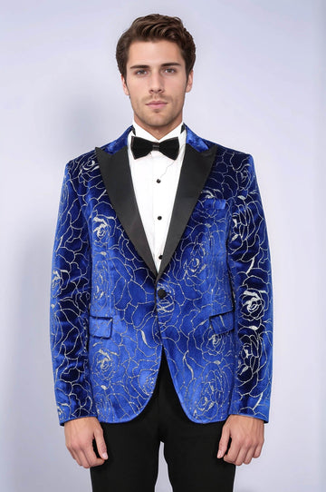 Men’s Royal Blue Velvet Silver Rose Jacquard Slim Fit Peak Lapel Dinner Jacket