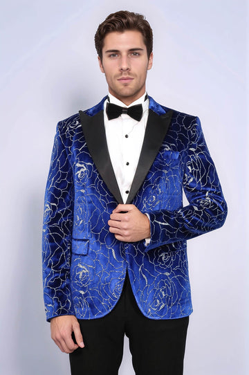 Men’s Royal Blue Velvet Silver Rose Jacquard Slim Fit Peak Lapel Dinner Jacket