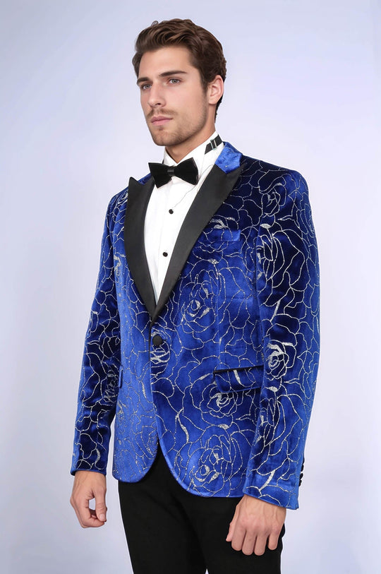 Men’s Royal Blue Velvet Silver Rose Jacquard Slim Fit Peak Lapel Dinner Jacket