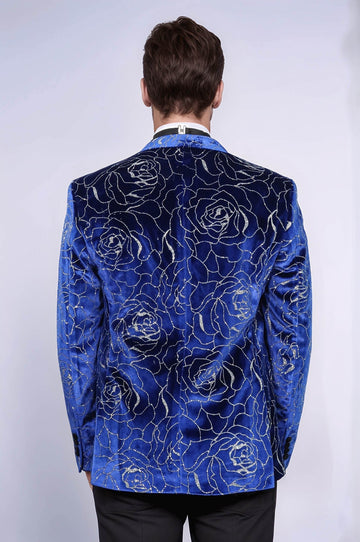 Men’s Royal Blue Velvet Silver Rose Jacquard Slim Fit Peak Lapel Dinner Jacket