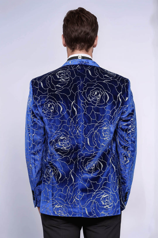 Men’s Royal Blue Velvet Silver Rose Jacquard Slim Fit Peak Lapel Dinner Jacket